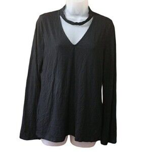 White House Black market Black Long Sleeve Rayon Necklace Choker Top Tshirt LG